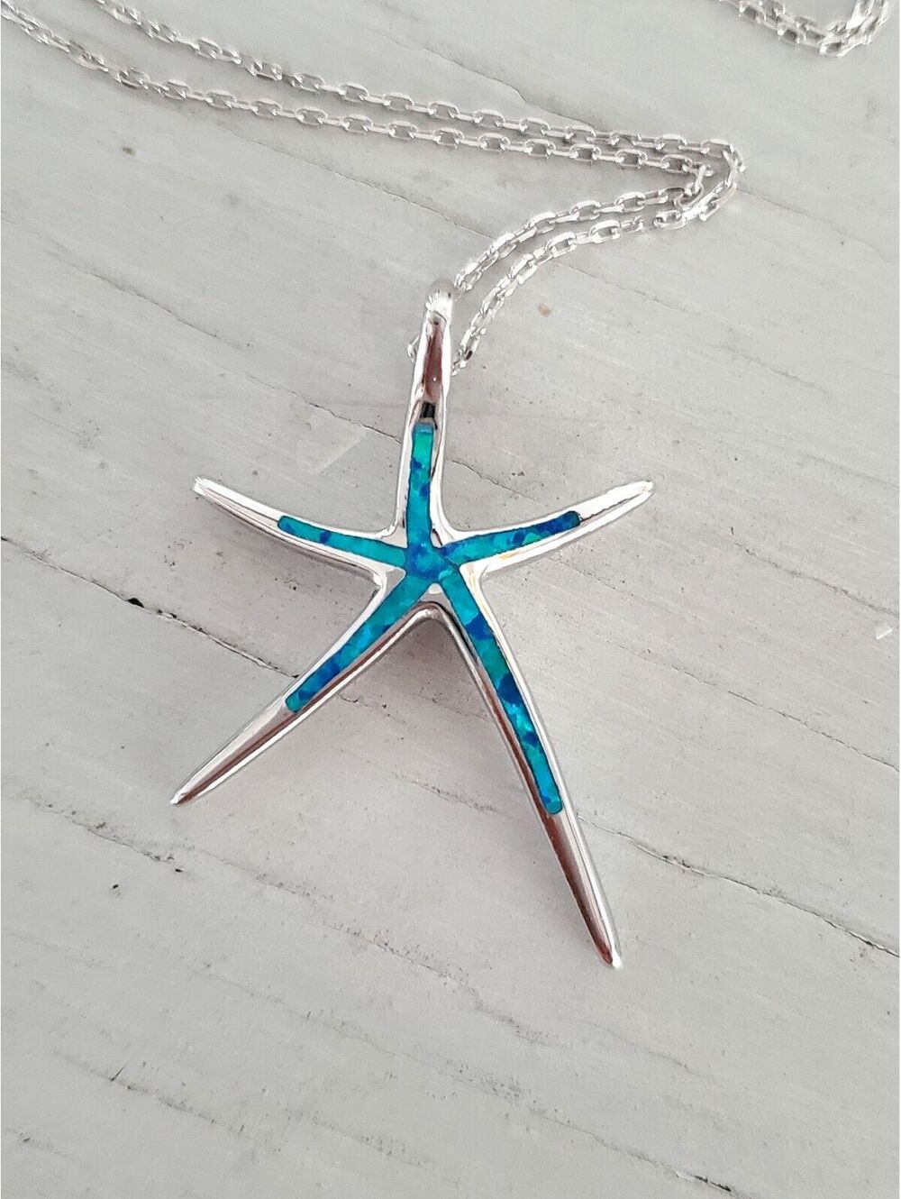 Sterling Silver Clyde Duneier Lab-Created Blue Opal Starfish Pendant Necklace